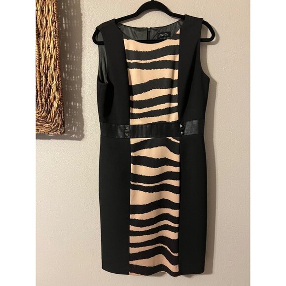 Tahari Dress 10 Black Brown Panel Career Church Stretch Sheath Sleeveless - Picture 10 of 11